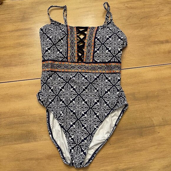 NWOT LaBlanca Printed One Piece Swimsuit Size 6 black orange white gold - Picture 2 of 6